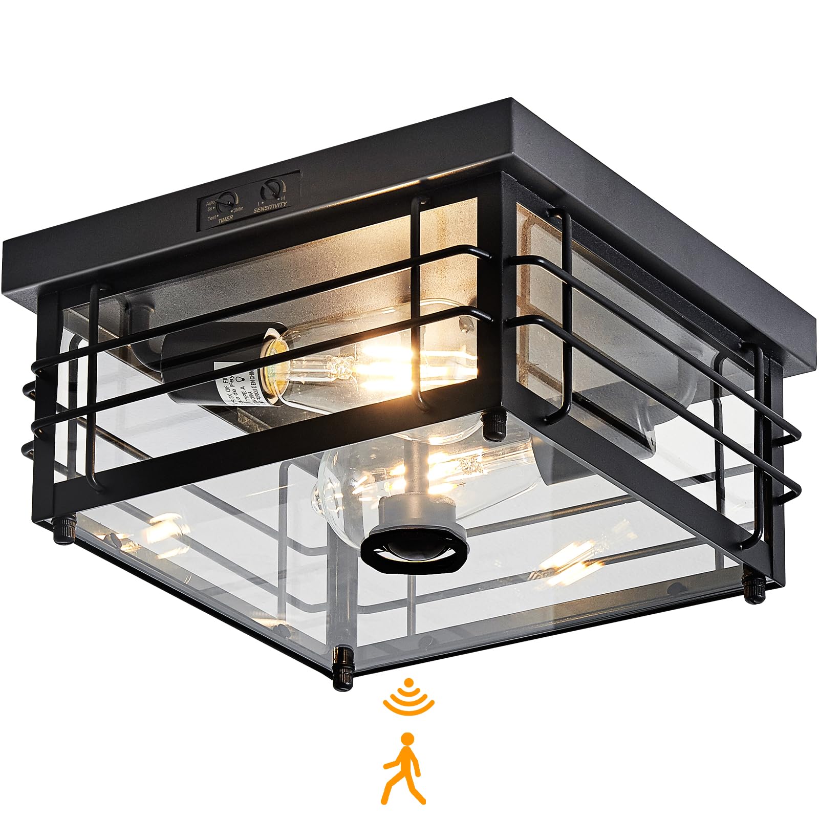 Photo 1 of Yisuro Outdoor Ceiling Light with Motion Sensor Flush Mount Farm House Porch Light Ceiling Mount Adjustable 3 Modes Squares for Patio,Porch,Garage (Black-Square)