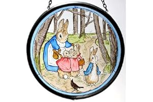 HENSITA Decorative Hand Printed Stained Glass Window Sun Catcher/Roundel in Beatrix Potter's Mrs Rabbit with Flopsy Bunnies and Peter in The Wood Design