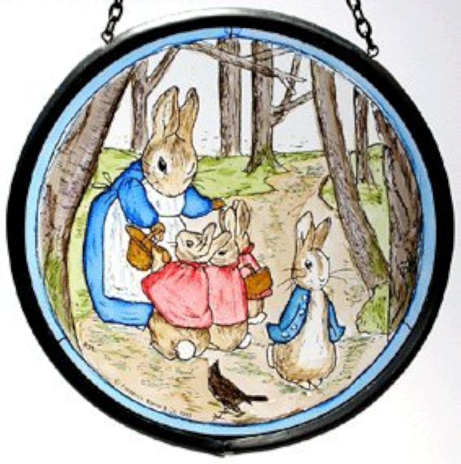 Decorative Hand Painted Stained Glass Window Sun Catcher/Roundel in Beatrix Potter's Mrs Rabbit with Flopsy Bunnies and Peter in the Wood Design