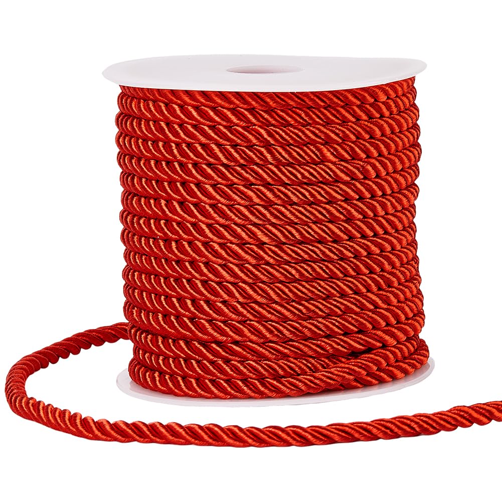 SOFPLATE 20M/21.87 Yards Twisted Cord Rope Decorative Cording Trim 5mm Red Polyester 3-Ply Silk Twine String Twist Braided Thread Graduation Honor Cords for Home Decor Bag Upholstery Curtain Tieback