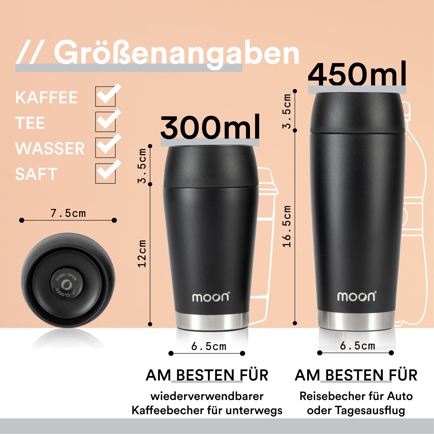 Moon 360° Thermobecher, Kaffeebecher to go thermo, Travel Mug 300ml, Coffee to go becher, Isolierbecher auslaufsicher - BPA-freie, Doppelwandiger Edelstahl, 100% dicht, 360°-Trinköffnung, Schwarz 3