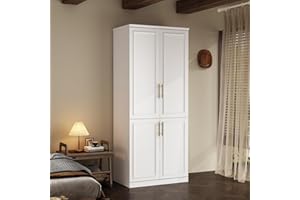 WOODTIME Wardrobe Closet with Hanging Rod, Modern Wooden Armoire with 4 Framed Doors & 3 Large Shelves, Clothes Storage Cabinet Organizer for Bedroom Apartment, White