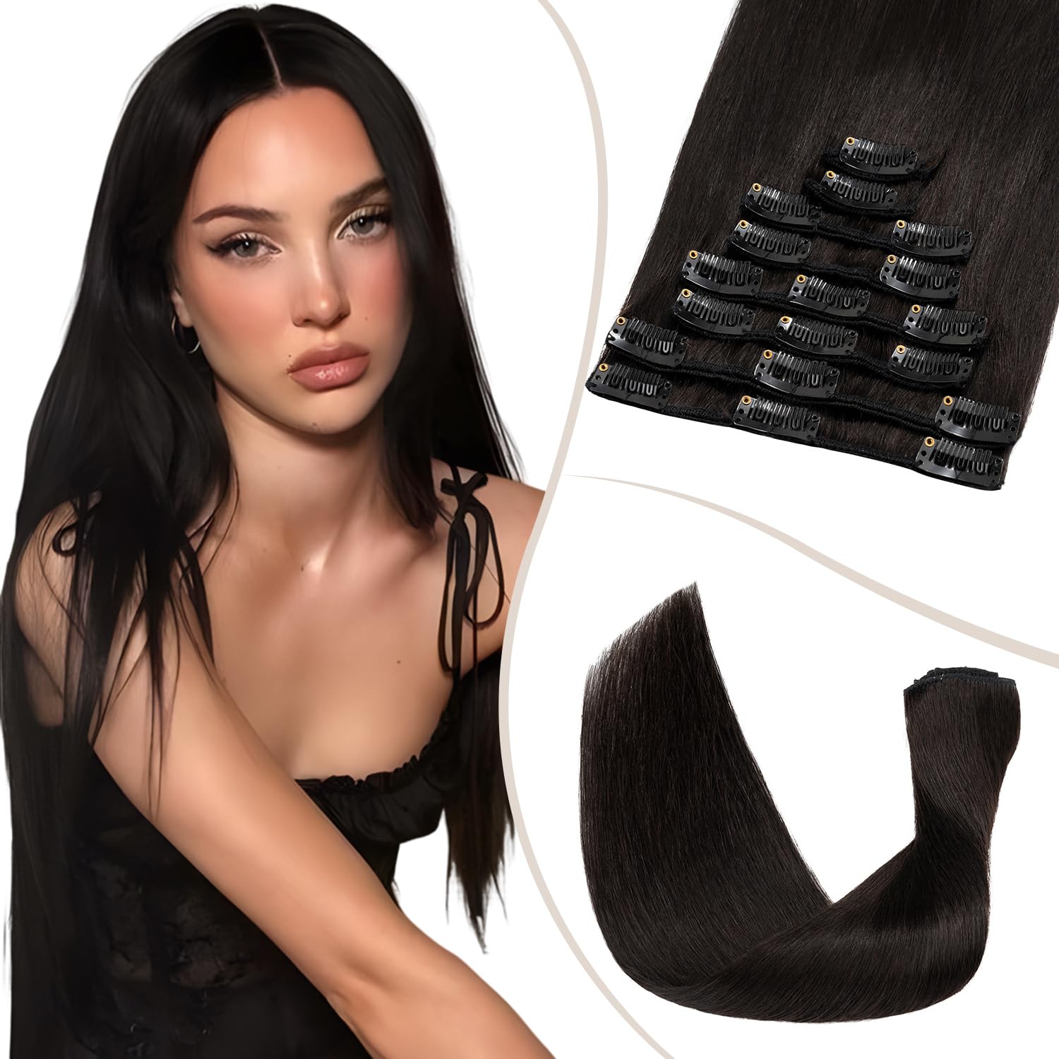 TESS Clip in Hair Extensions Real Human Hair Black Remy Seamless 8 Pieces Straight Short for Women/Girls (#1B Natural Black, 10 Inch 50g) — image 1