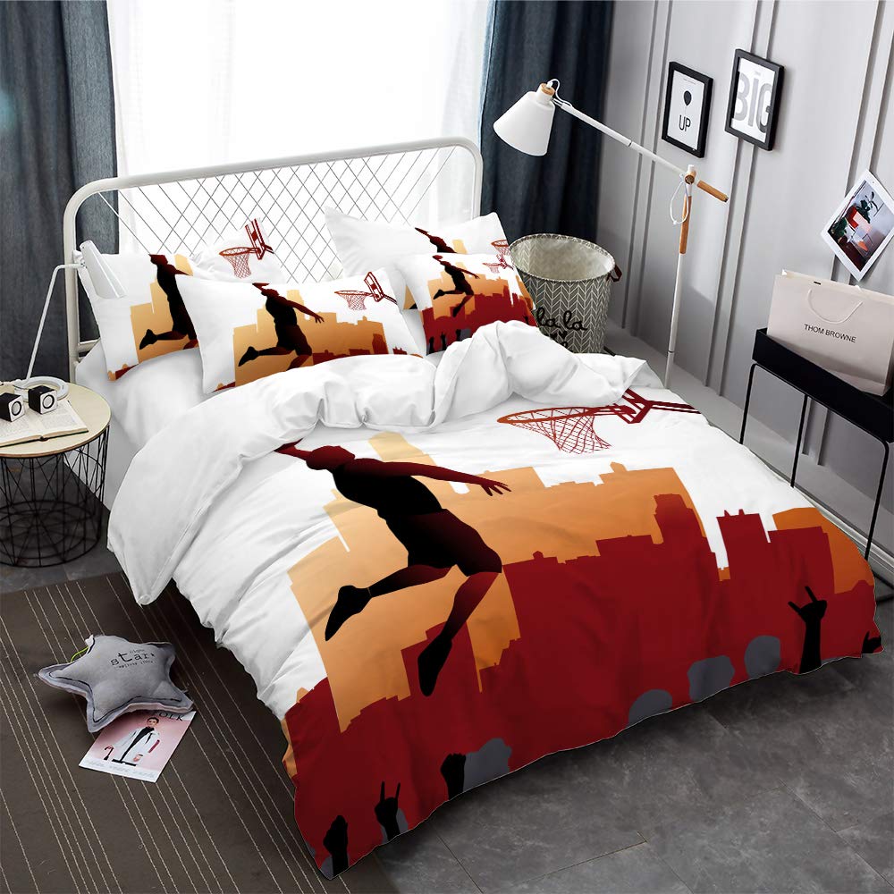ARL HOME Sports Bedding 3 Piece Queen Size Basketball Duvet Cover Sports Boys Bedroom Decor 3D Slam Dunk Printing Quilts Cover with 2 Pillowcases for Children Teen Boy Adult Basketball Beding Set