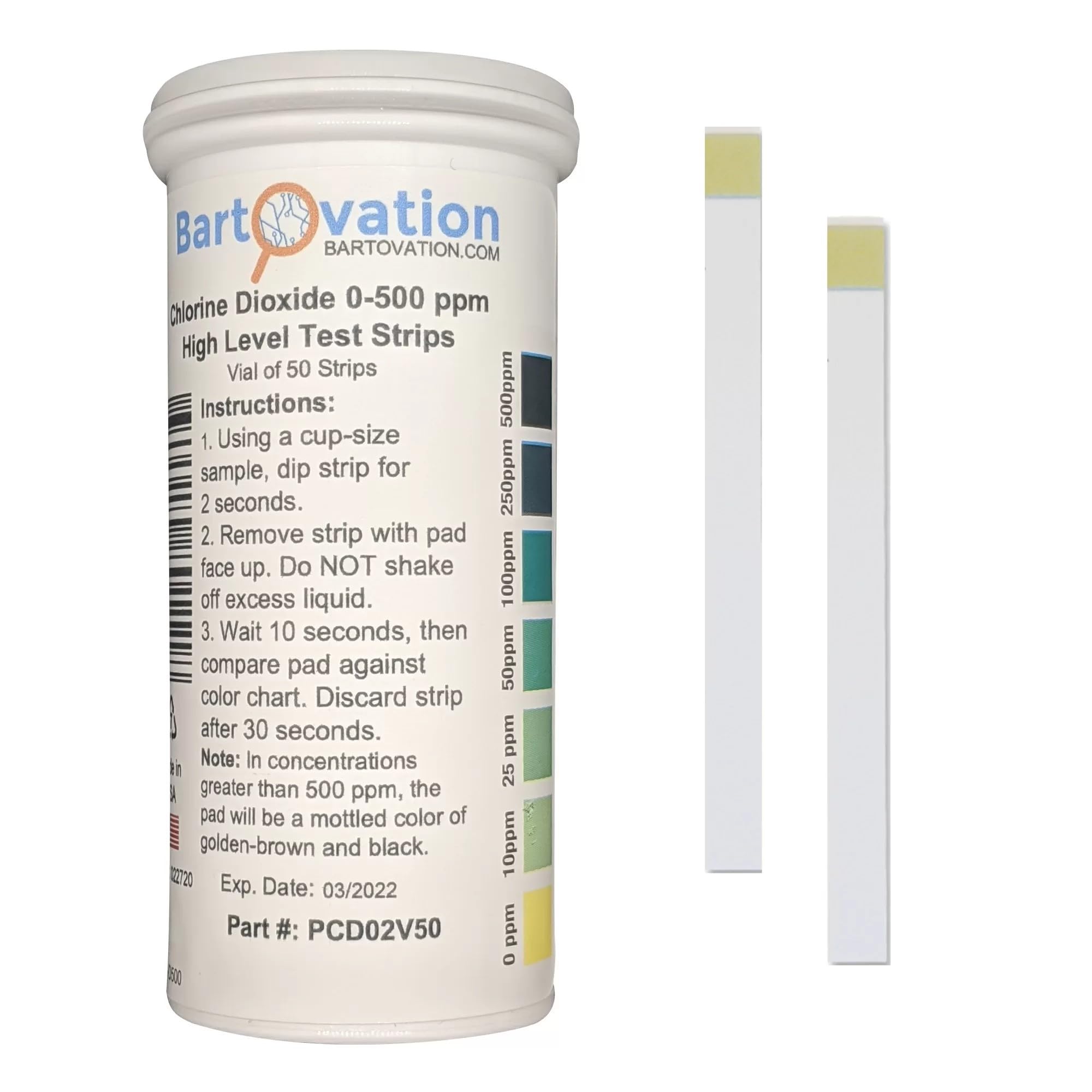 Bartovation Chlorine Dioxide Single Factor Test Strips, 0-500 ppm [Vial of 50 Strips]