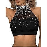 Floerns Women's Sleeveless Sheer Mesh Halter Tops Rhinestone Party Crop Tank Top