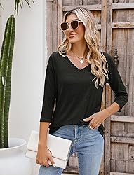 Sherosa Womens 3/4 Sleeve Tops V Neck Loose Fitting