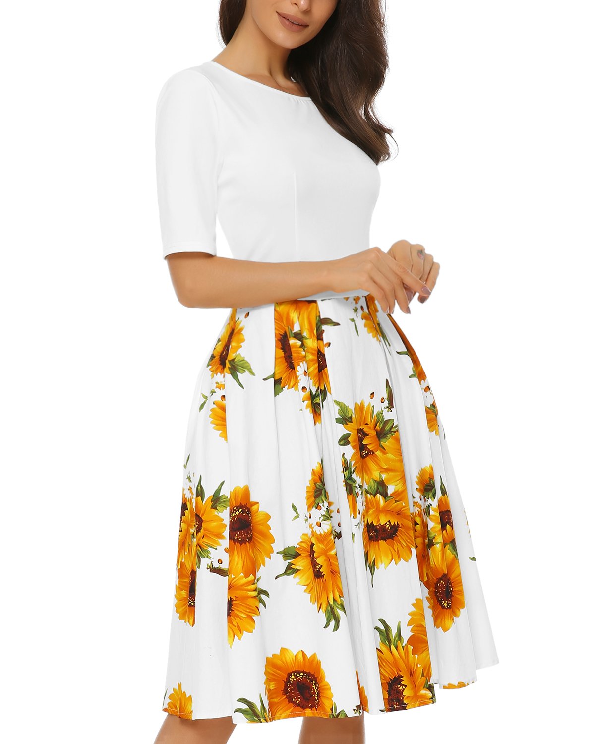 Mixfeer Women’s Vintage Midi Dress Floral Scoop Neck Short Sleeve Casual Work Cocktail Party Swing Dress with Pockets