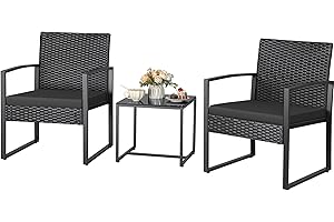 Greesum 3 Piece Wicker Conversation Bistro Sets Outdoor Patio Set Modern Rattan Chair Furniture Sets with Coffee Table for Yard Garden Porch Lawn (Black)