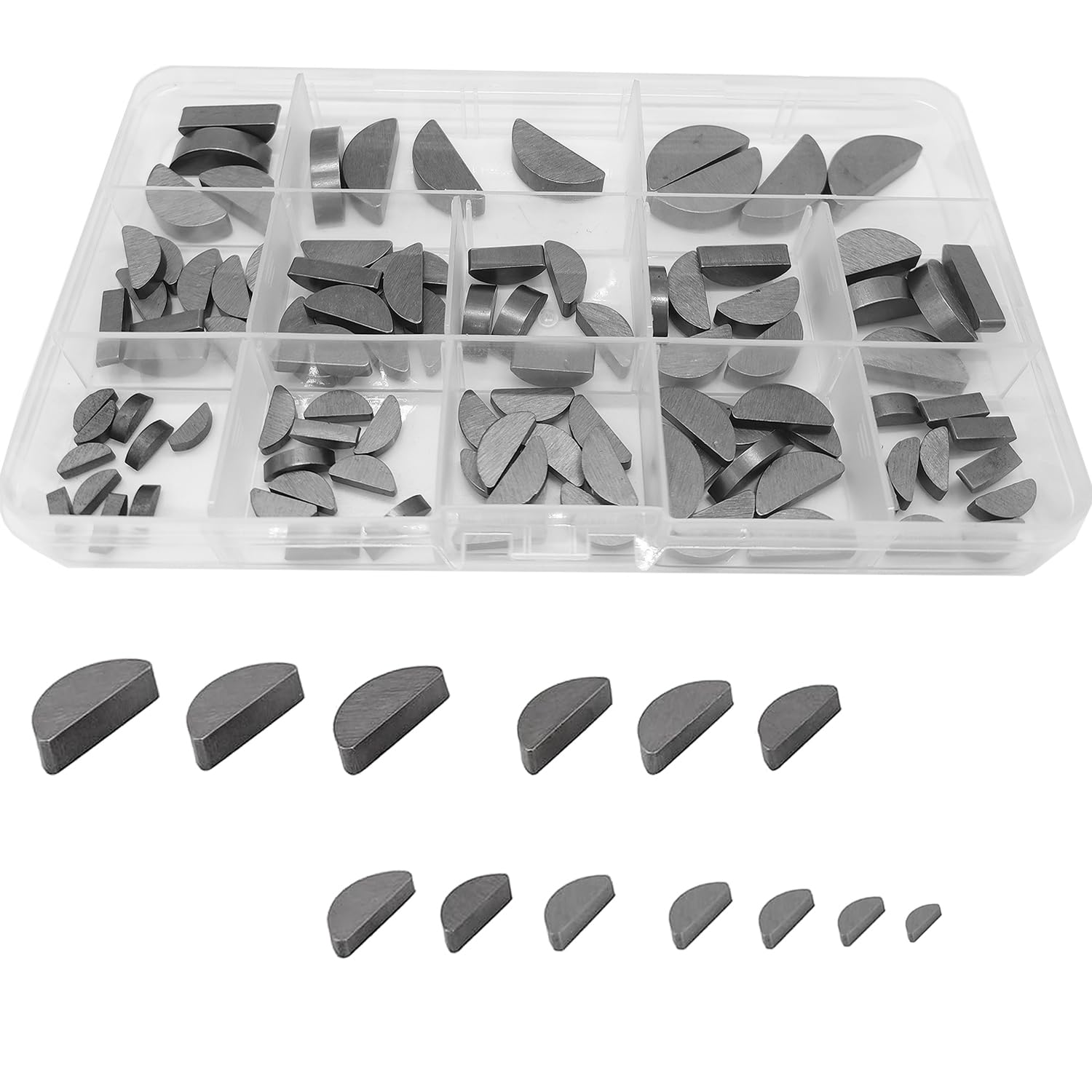 WeqeYent 100 Pcs 13 Sizes Feather Key Assortment, Half Moon Woodruff Key Set, Flywheel Pulley Crankshaft Assortment Kit Fasteners Mechanical Industry