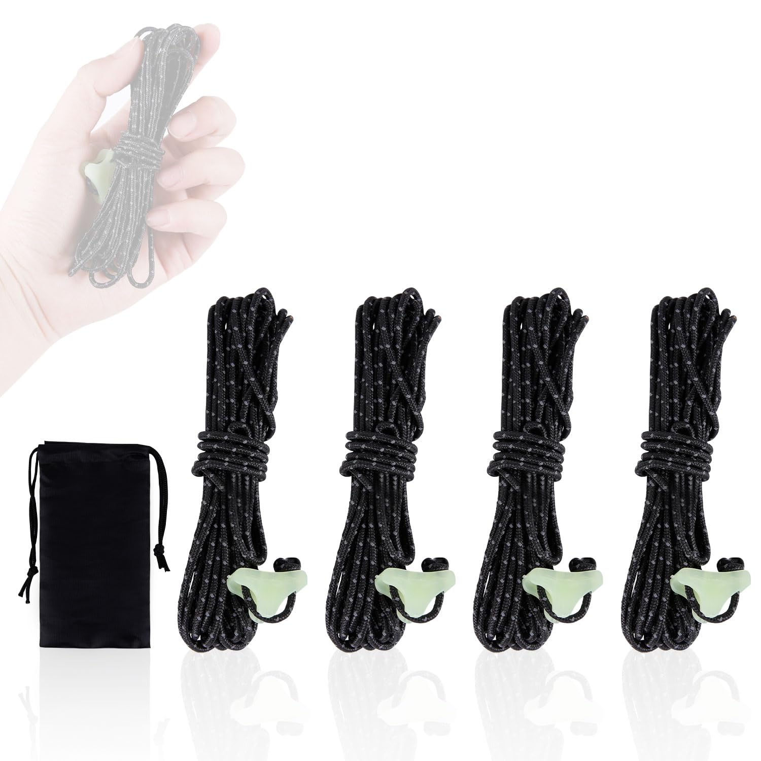 HIKEMAN Reflective Tent Guy Ropes - 2mm UHMWPE Camping Guide Rope,4M Guy Line with Luminescent Tensioner for Outdoor Camping Hiking Awning Tents (Black)