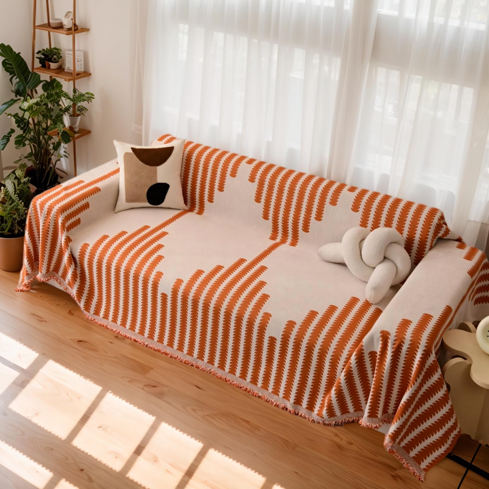 OKYUK Boho Chenille Sofa Cover 2/3/4 Seater & Corner Sofa - Washable, Tassel Design, Pet-Friendly, Breathable, All-Season Multi-use Living Room Furniture Protector(Boho Orange, XX-Large (180 * 340cm)
