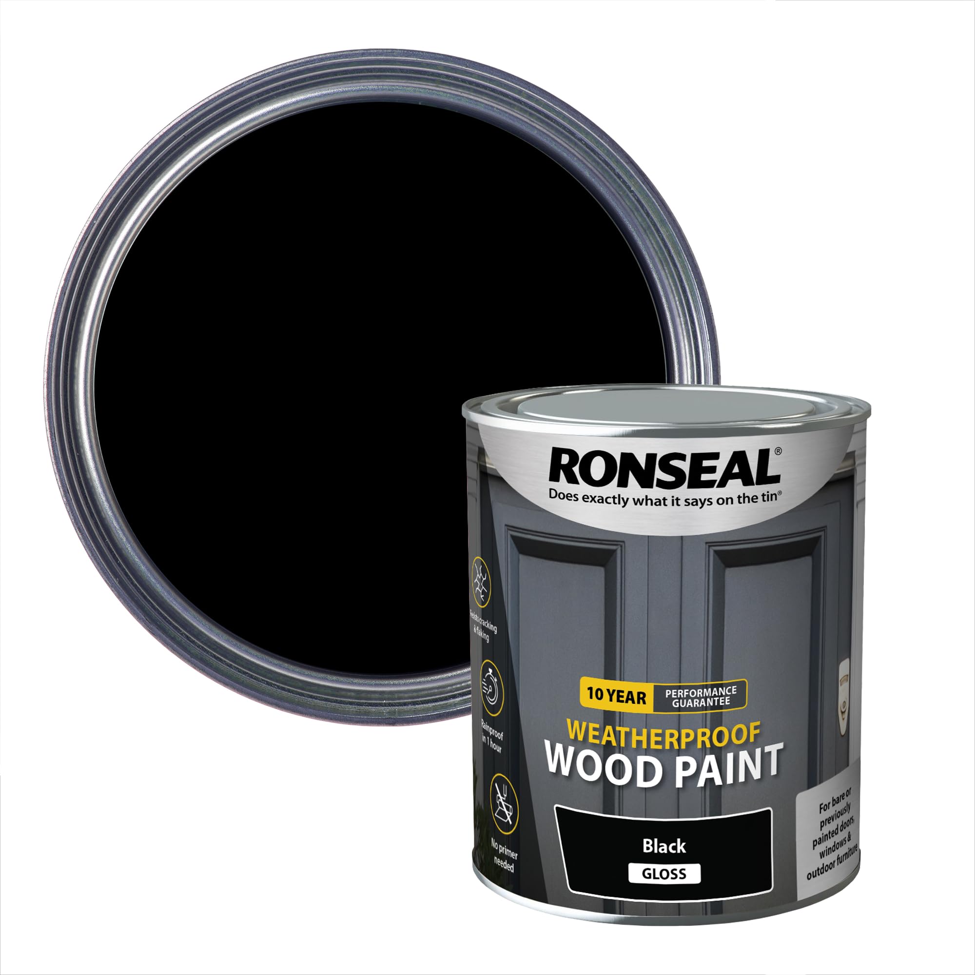 Ronseal 10 Year Weatherproof 2-in-1 Wood Paint Black Gloss 750ml