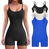 VINGOSTAR 3pcs Women’s Bodysuit Yoga Workout Romper One Piece Outfits Ribbed Sleeveless Going Out Bodycon Jumpsuit Shorts