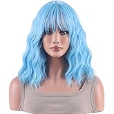 ANESHE Blue Wig Short Curly Wavy Bob Wigs with Air Bangs for Women Sky Blue Wig Synthetic Wigs for Party Cosplay (14" Light Blue)