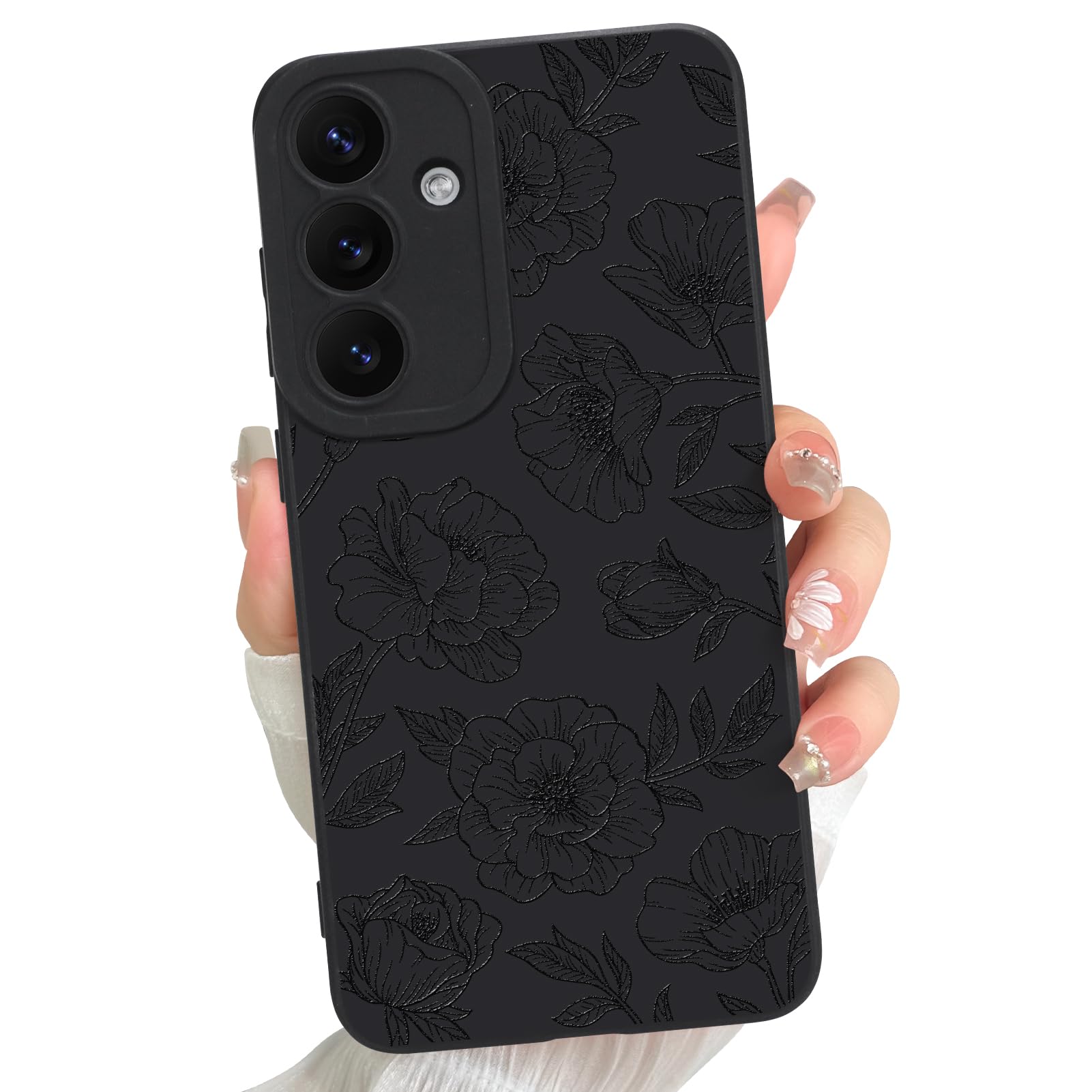 LEOMAKRON for Samsung Galaxy S25 case Silicone Black Floral Rose Cute Pattern Case，Camera Protection Soft Slim Phone Case for Girls Women - Black