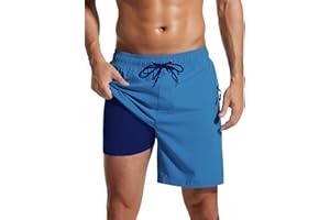 SILKWORLD Mens Swim Trunks with Compression Liner 2 in 1 Quick Dry Bathing Suit Beach Shorts with Zipper Pockets