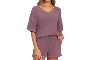 PrinStory Women's Waffle Knit Pajamas Set Short Sleeve Top and Shorts Matching Lounge Set Sweatsuit With Pockets