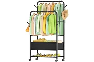 Korfile Clothing Racks for Hanging Clothes, Portable Clothing Rack with Wheels Rolling Clothes Racks, Black Garment Racks-Storage Box