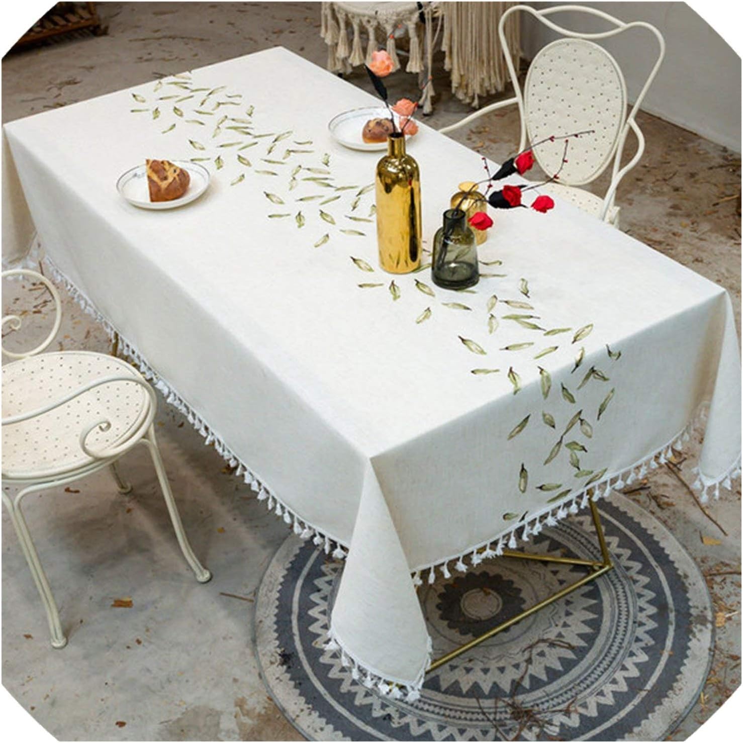 Zalin Embroidery Leaves Decorative Linen Tablecloth with