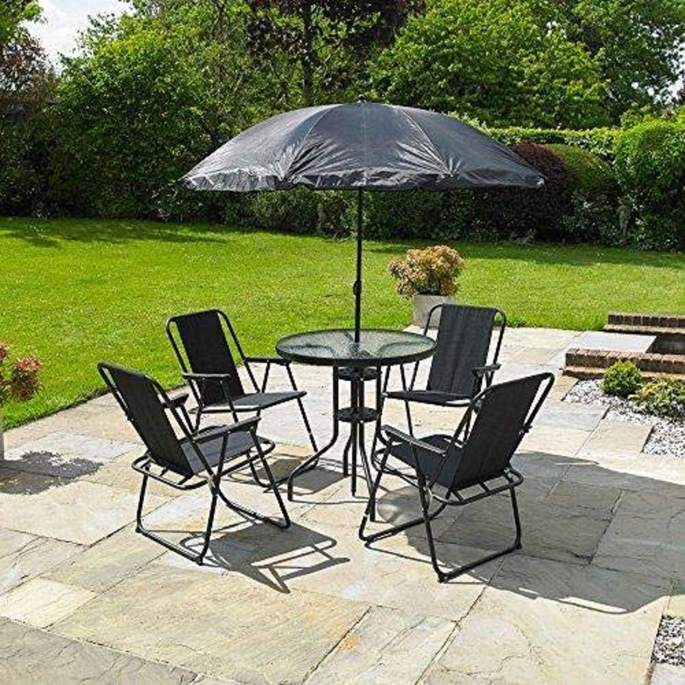 Kingfisher 6 Piece Patio Dining Set – 4 Seater Outdoor Garden Furniture with Glass Topped Table + 4 Folding Chairs + Parasol Umbrella for Decking or Balcony