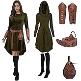 FSUJWOA 5 Pcs Renaissance Women Costume Medieval Hooded skirt Vintage Arm Guard Printed Belt and Waist bag