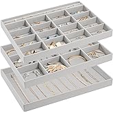ProCase Stackable Large Jewelry Drawer Organizer, 3 Pack Velvet Jewelry Organizer Tray with Removable Dividers for Earring Necklace Bracelet -Grey