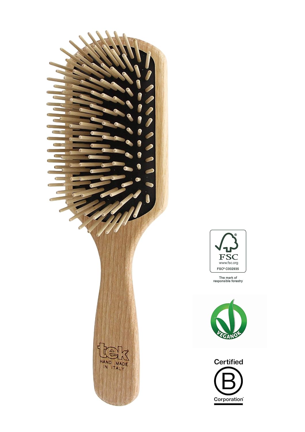 Tek big paddle hairbrush in ash wood with long pins Handmade in Italy