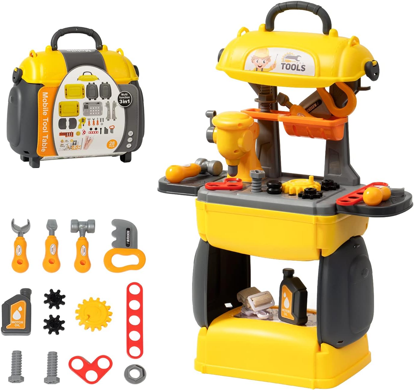 ROBUD 3 in 1 Multi Function Mobile Tool Table Workbench Toy Tool Play Set Construction Work Shop Suitcase Toy Tool Kit Toy Construction Tools Preschool Tool Tool Sets Toys for 3 Years Old