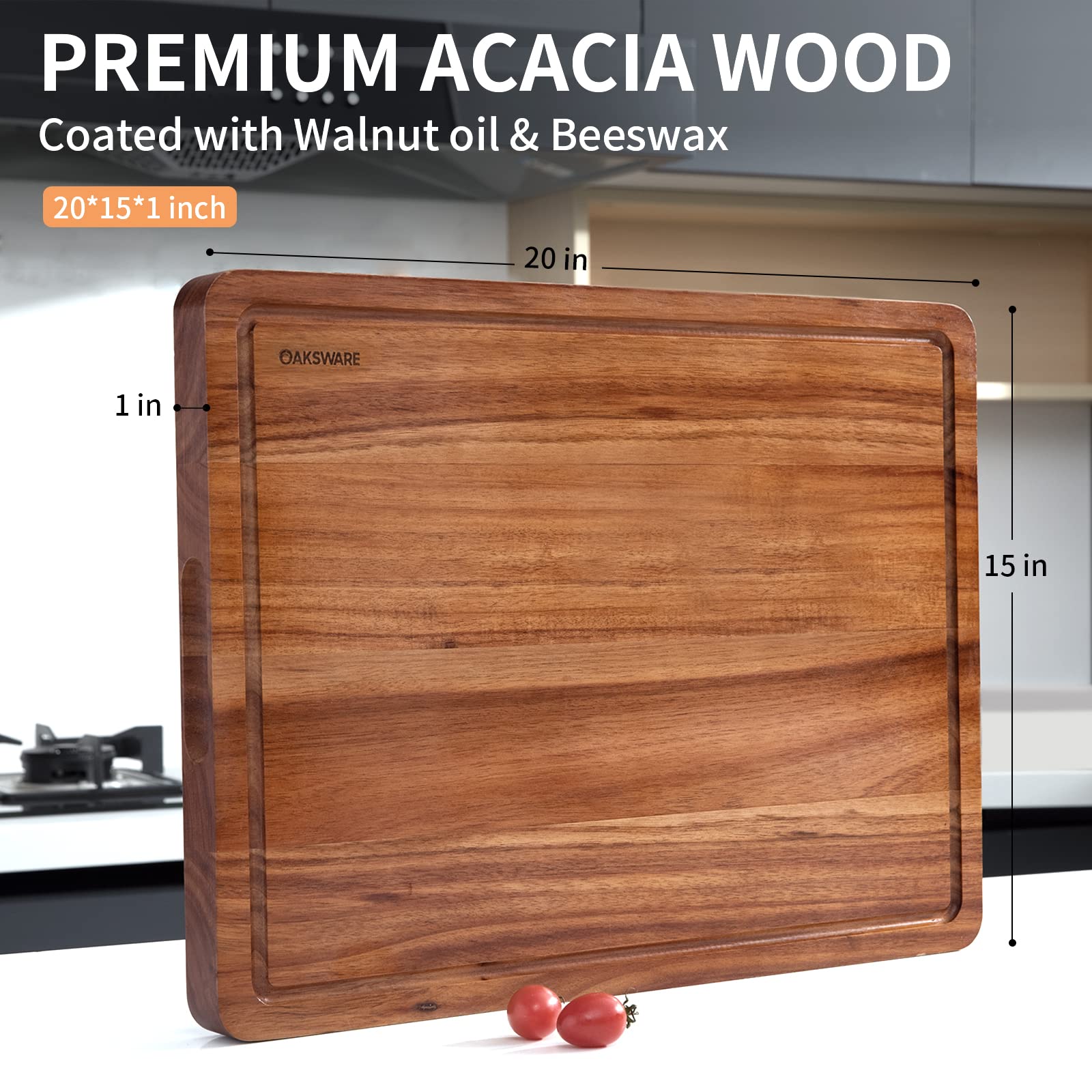 OAKSWARE Cutting Boards, 20 x 15 Inch Extra Large Acacia Wooden Cutting Board for Kitchen, Edge Grain Wood Chopping Board with Juice Groove and Handles, Pre-Oiled Carving Tray for Meat & Cheese