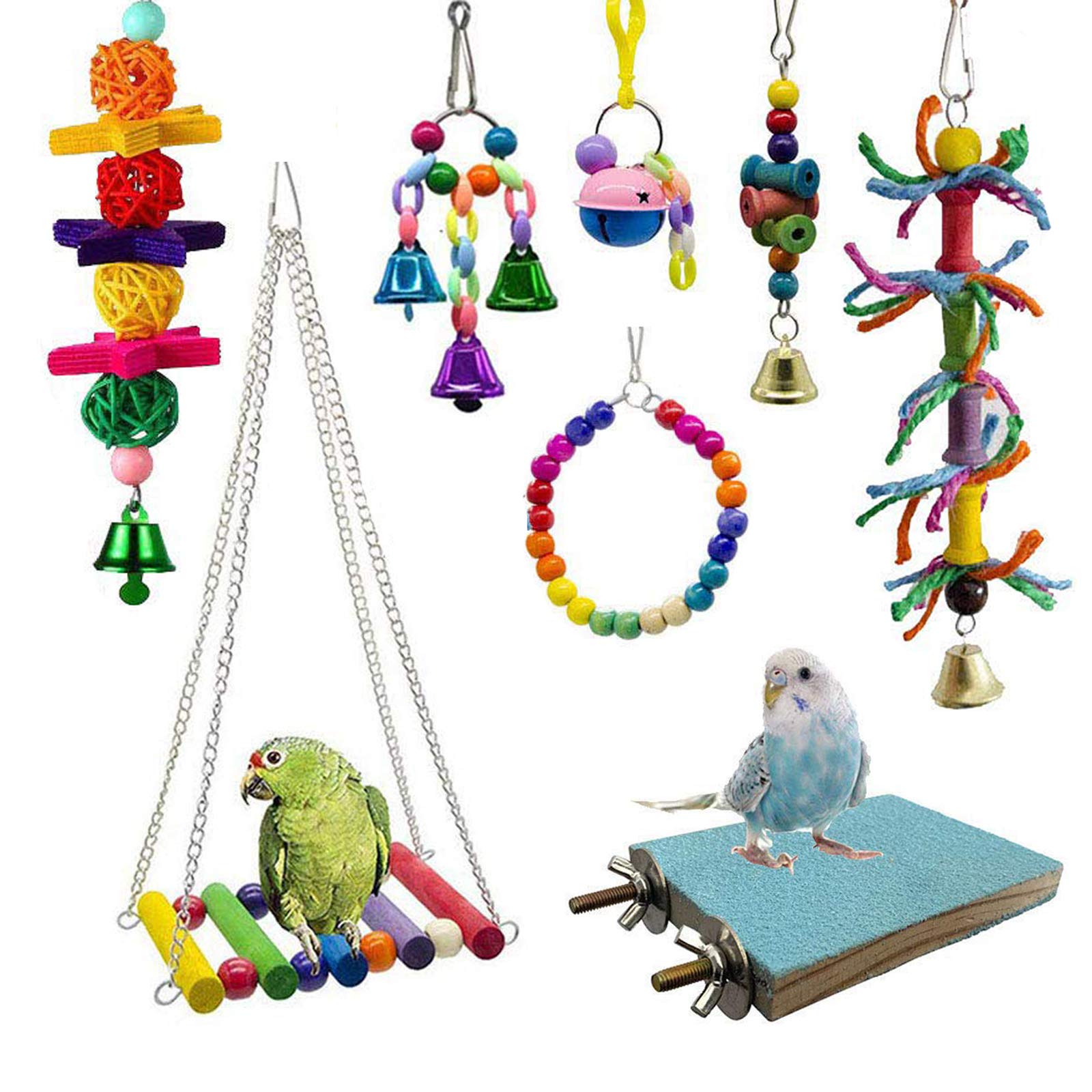 Bebester Bird Chewing Toys, 8Pieces Bird Parrot Toys Bird Hanging Bell Toy Hanging Colorful Swing Chewing Toy Bells, Ladder Swing for Small Parrots, Macaws, Parakeets, Conures, Cockatiels, Love Birds