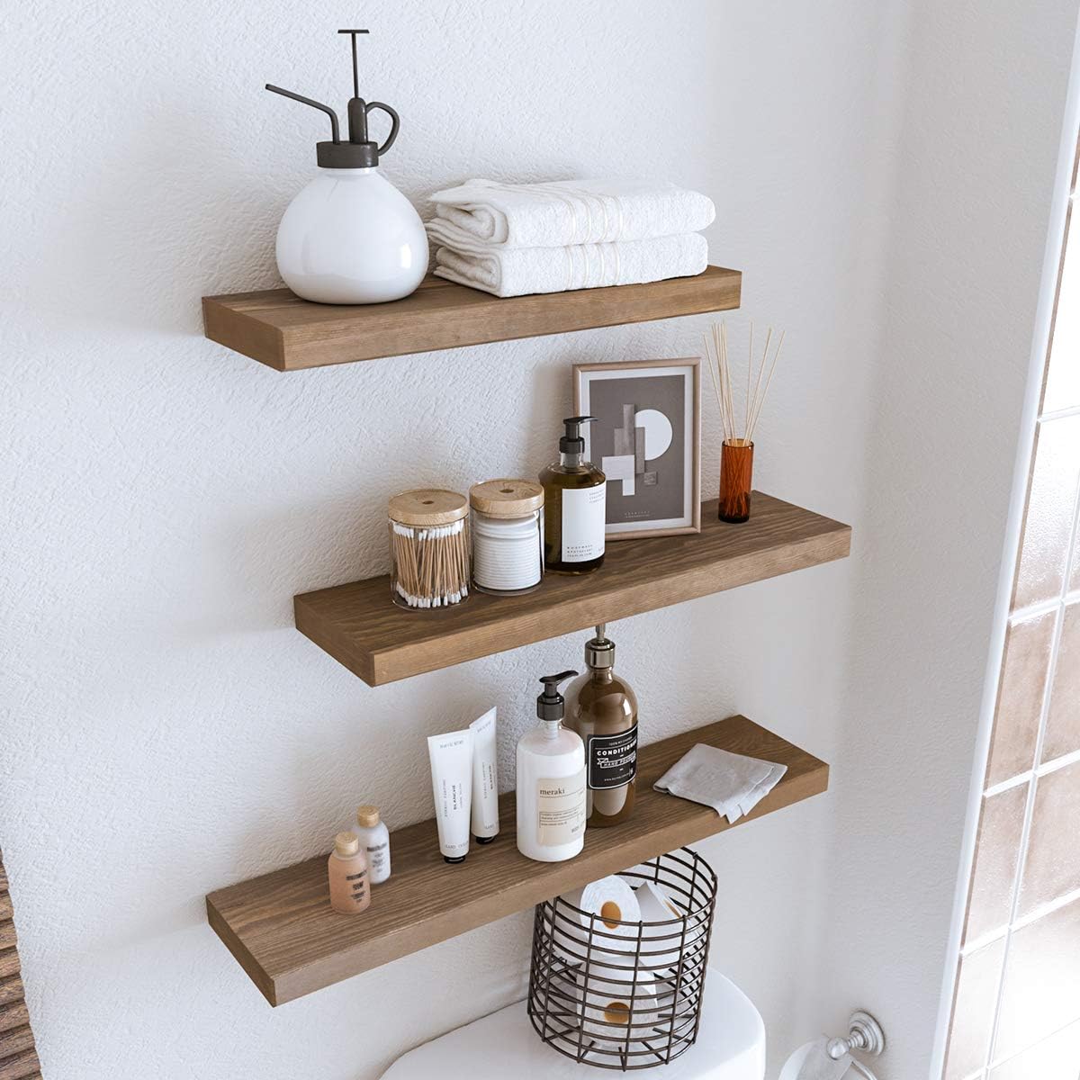 AMZFINE Wall Mounted Floating Shelves, Set of 3 Rustic Solid Wood Shelves, for Livingroom, Bedroom, Kitchen, Bathroom