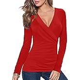 Afibi Womens Slim Fitted Deep V Neck Cross Wrap Top Long Sleeve T-Shirts