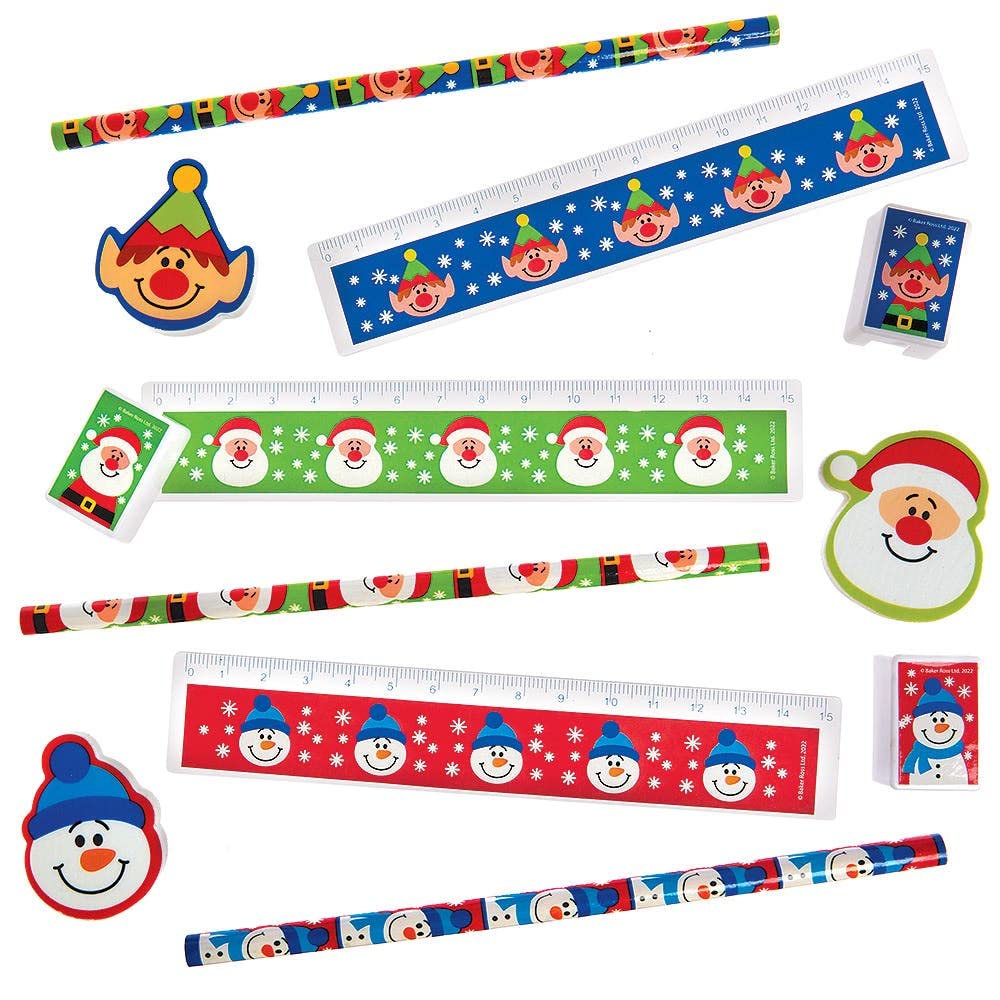 Baker Ross FX400 Christmas Chums Stationery Sets - Pack of 4, Xmas Pencil Ruler Eraser and Sharpener, Party Bag Fillers for Kids