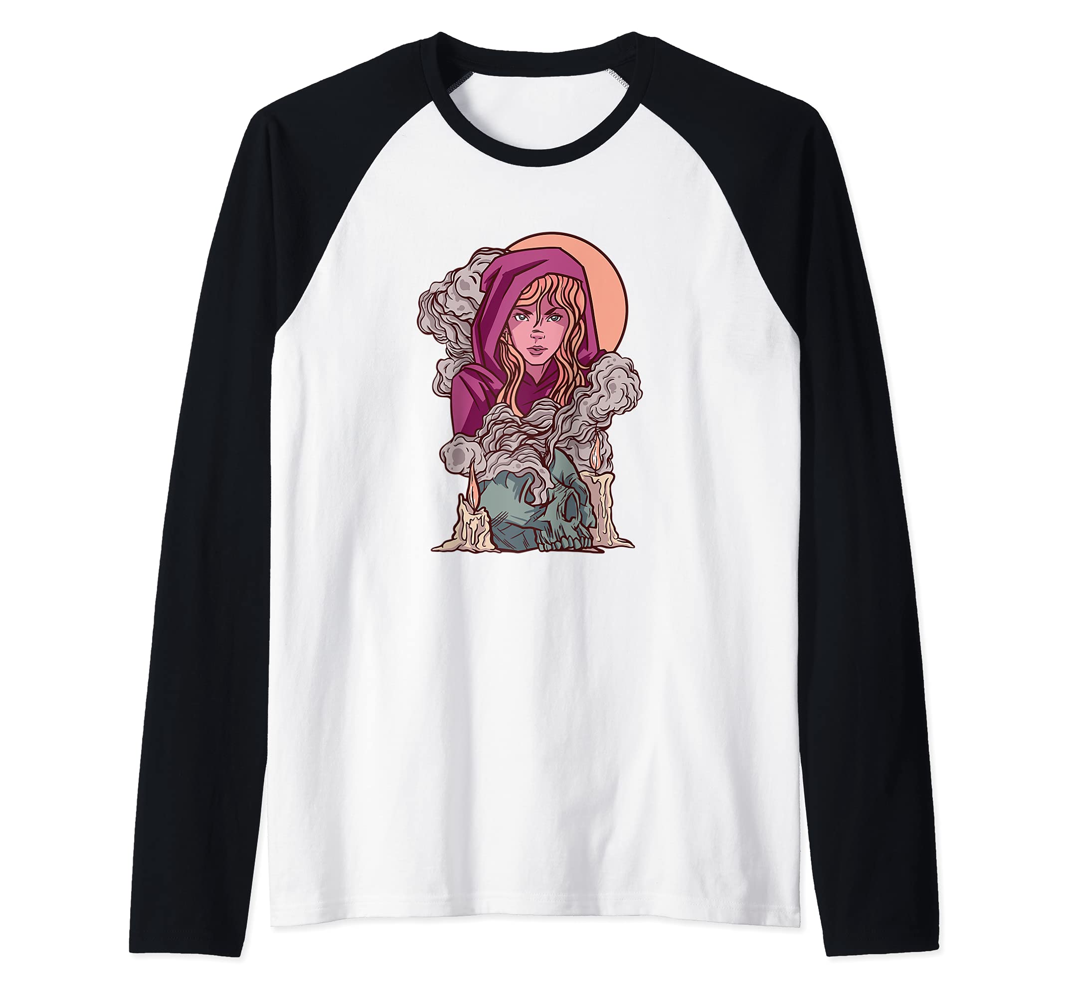 Witch girl skull skull candle smoke Raglan Baseball Tee