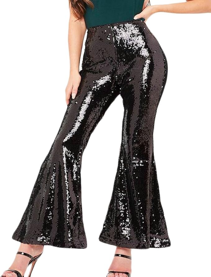 MU2M Women’s Bell Bottoms Retro Sequin Clubwear Flare Wide Leg Pant