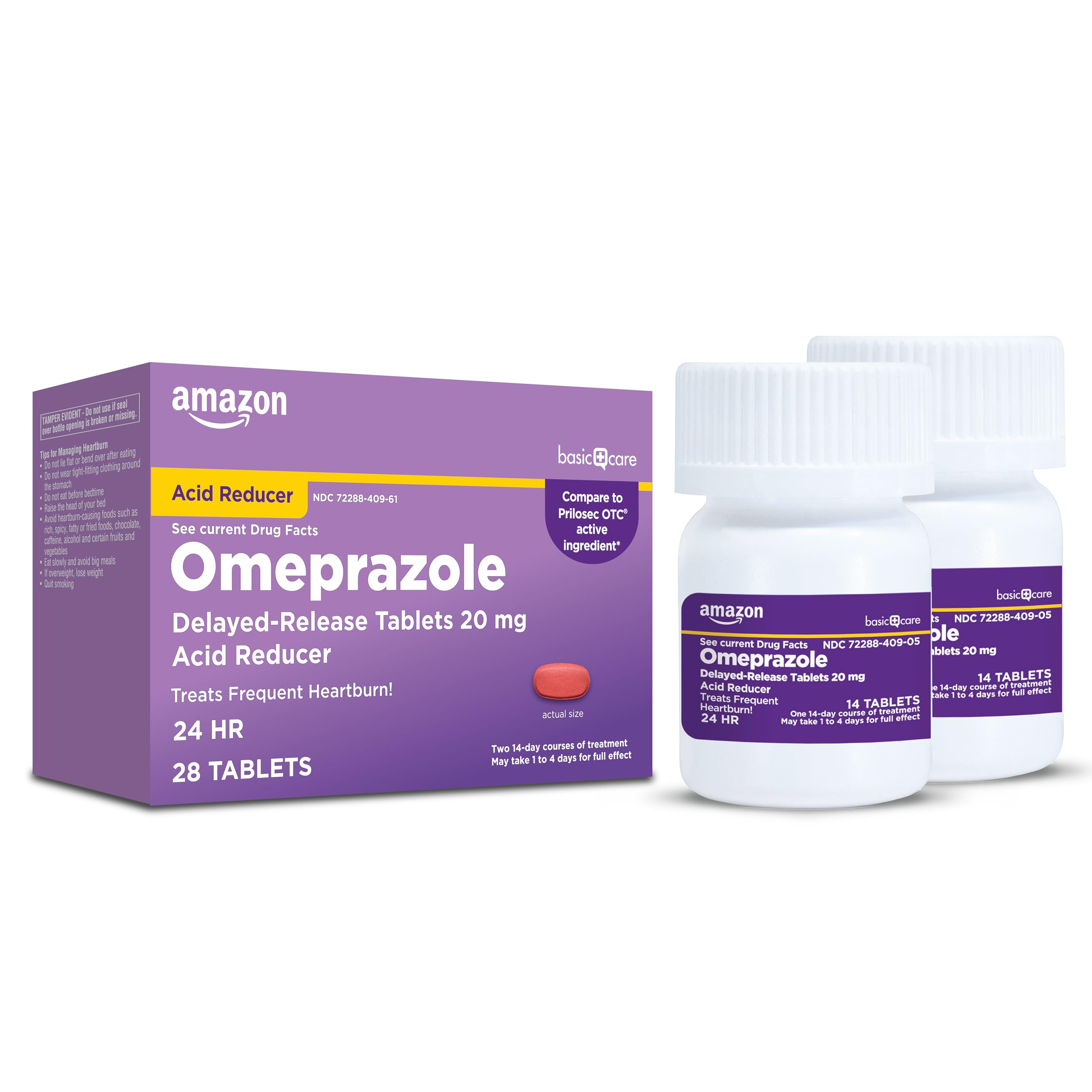 Amazon Basic Care Omeprazole Delayed Release Tablets 20 mg, Acid Reducer, Heartburn Medicine, 14-Day Course of Treatment, 28 Count (Packaging may vary)