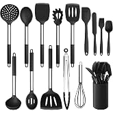LIANYU 15-Piece Kitchen Cooking Utensils Set with Holder | Silicone Kitchen Tools Stainless Steel Handle, Slotted Spatula Spoon Turner Tong Whisk Brush for Cooking, Black