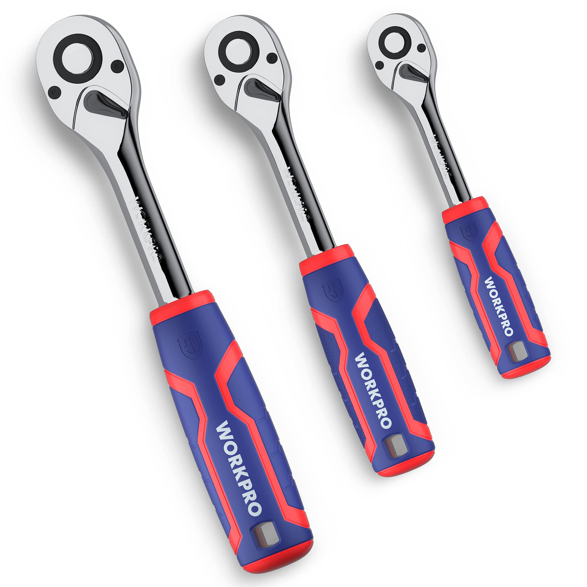 WORKPRO 3-Piece Ratchet Set, 1/4", 3/8", 1/2" Drive Ratchet Wrench, Quick-Release Reversible, 72-Tooth, Chrome Alloy Made Image