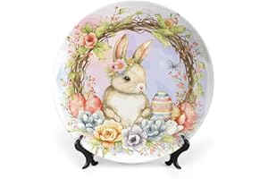 Gokays Happy Easter Decorative Plates, Colorful Eggs Bunny Print Ceramic Plates Home Wobble-Plate with Display Stand for Easter Living Dining Room Kitchen Decoration Household 6 Inch