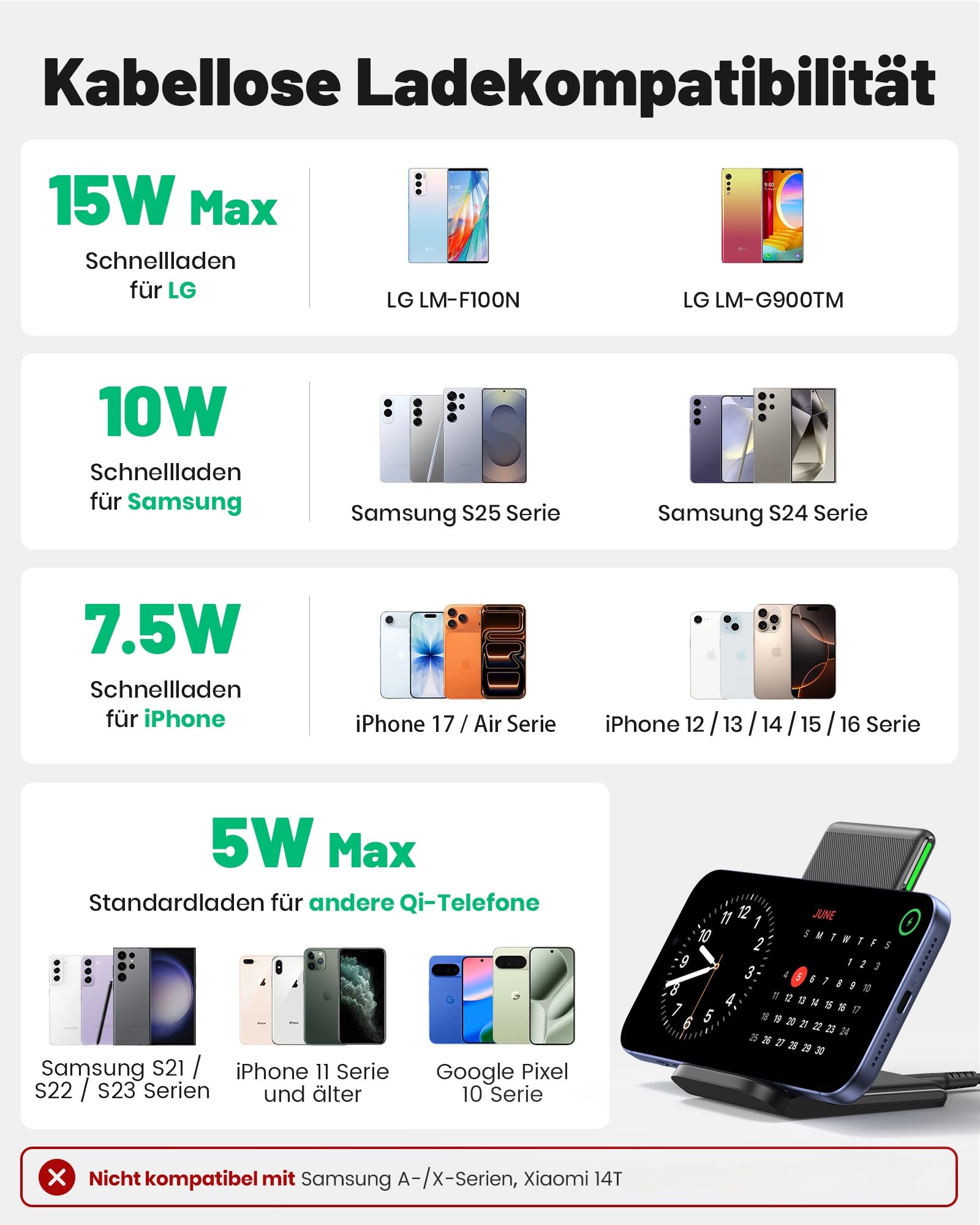 INIU Wireless Charger Stand, 15W Induktive Ladestation Schnelles Kabelloses Ladegerät Handy Ständer handyhalterung für iPhone 17 16 15 14 13 12 Pro Max Samsung Galaxy S23 S22 Google etc 4