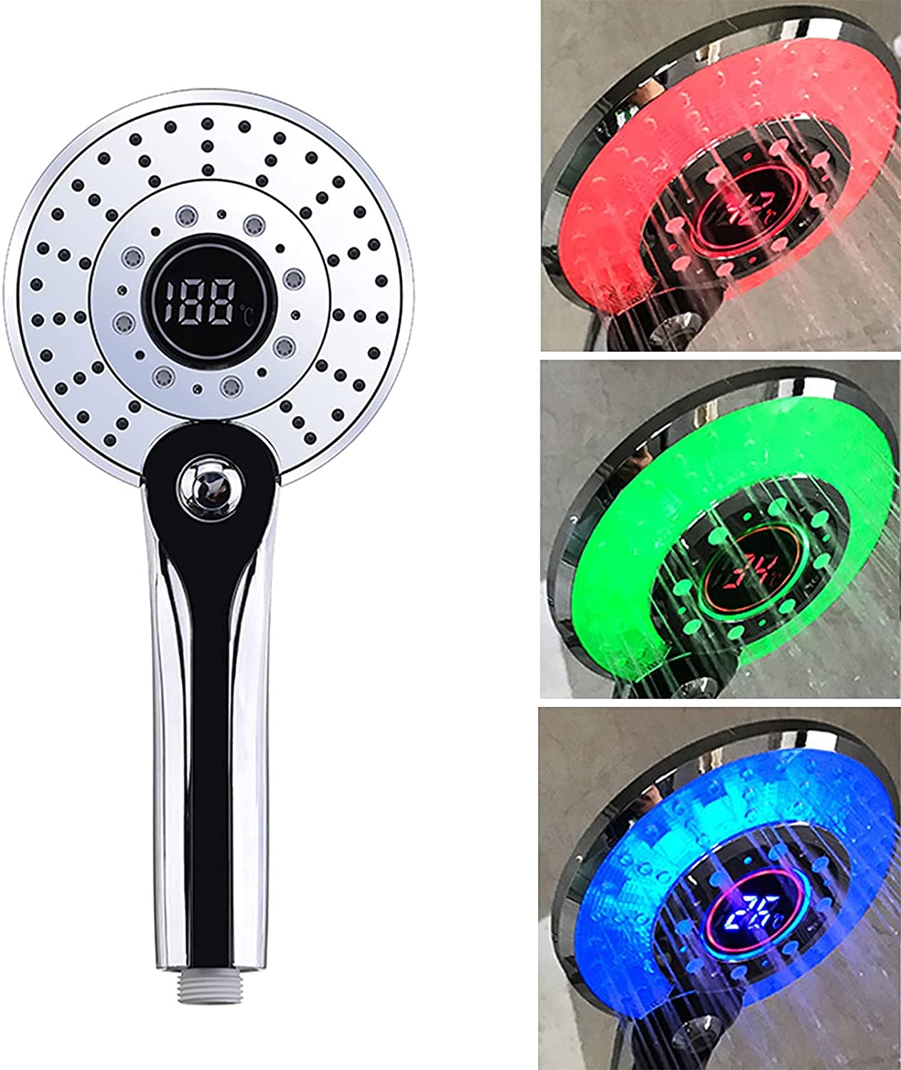LED Digital Shower Handheld Portable Hand Held Shower Tool Head with 3-Color Temperature Control LED Light 3 Spraying Modes Water-Saving Shower Head with Digital Temperature Sensor Display