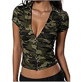 SweatyRocks Women's Sexy Corset Low Cut Tops Y2k Short Sleeve Crop Tops Deep V Neck Shirts Going Out