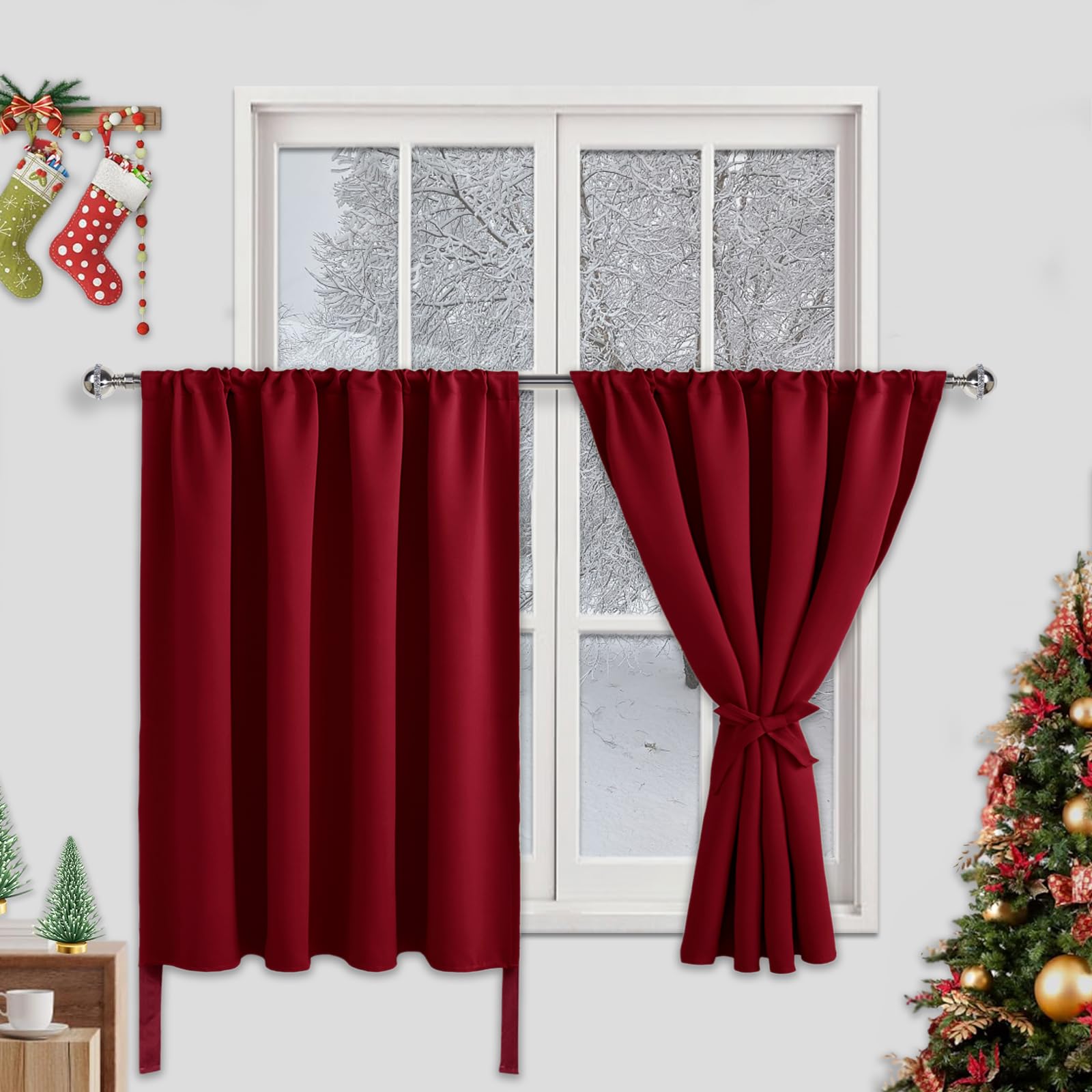 JIUZHEN Short Blackout Curtains for Small Window - Cafe Room Darkening Privacy Thermal Insulated Half Window Curtains Tiers for Bathroom,Kitchen, W 52 x L 36, Set of 2 Panels with Tiebacks, Red