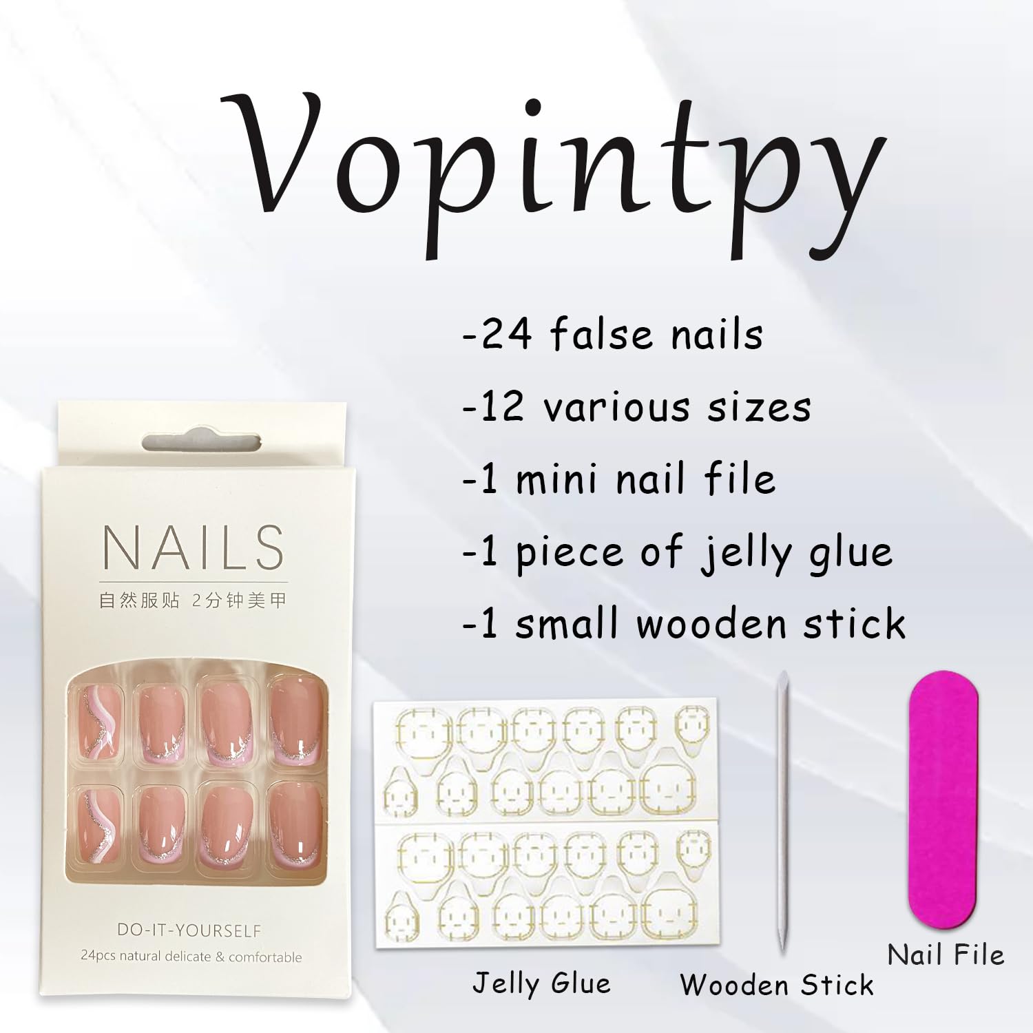 Pink French Tip Press On Nails - Medium Square, Glitter Wavy Stripe Acrylic Coffin Nails with Glue on Full Cover Stick Ons for Women DIY Charm Manicure - Image 5