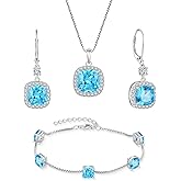 Inpasne Princess Cut Jewelry Set 925 Sterling Silver Aquamarine Earrings Dangle Drop Leverback March Birthstone Necklace and Bracelet Jewelry Gifts for Women
