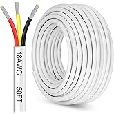 50FT 18 Gauge Wire 3 Conductor, 18/3 Stranded Tinned Copper Wire, 18 AWG Low Voltage Flexible Extension Power Cord for LED Lamp Lighting Automotive, White