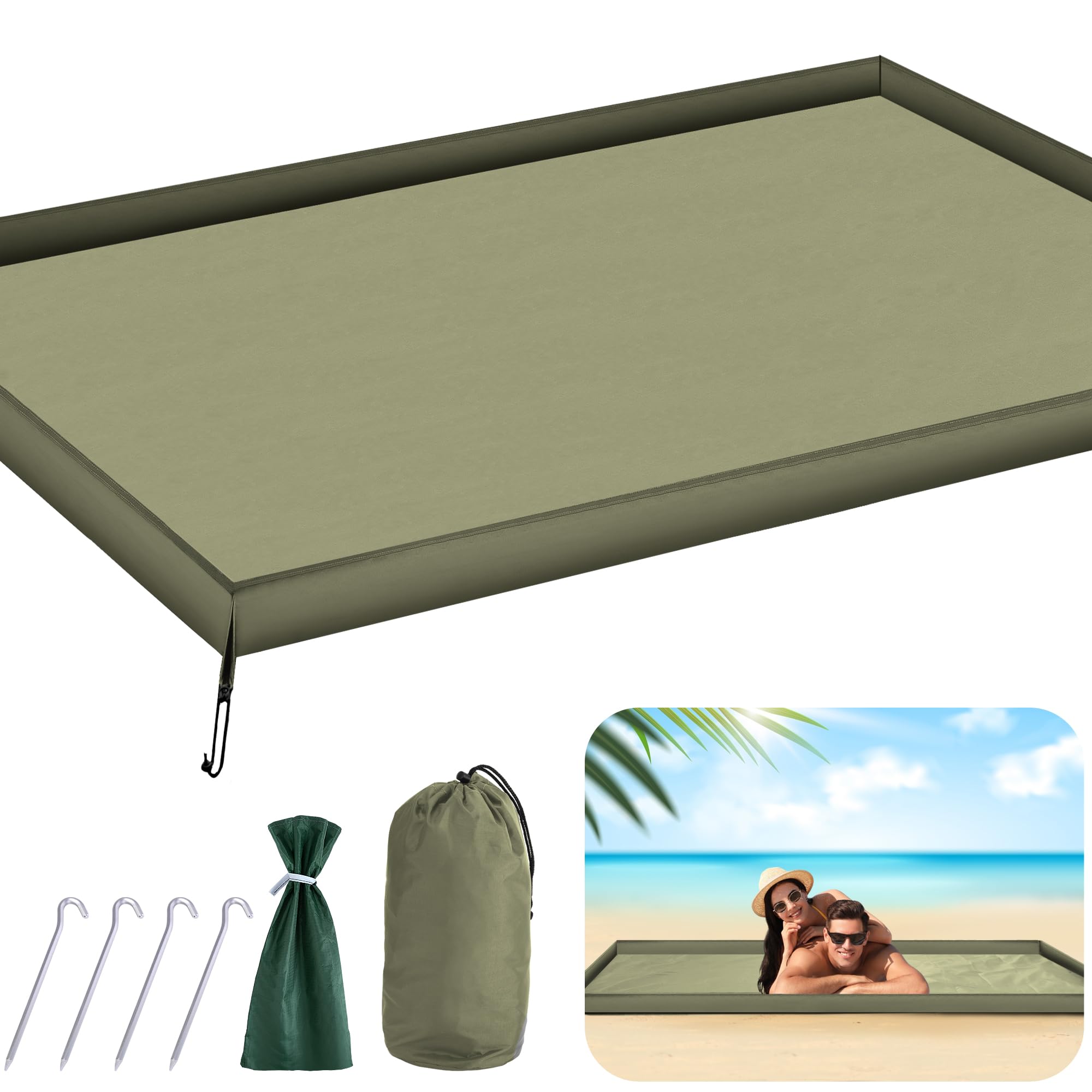Photo 1 of RunNico Waterproof Walled Beach Blanket, Enclosed Beach Mat with Stakes and Storage Bag, Sandproof Ground Blanket for Outdoor Camping Picnic Hiking Travel Vacation Essentials