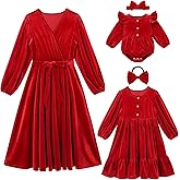 AWIBMK Mommy and Me Christmas Dresses Long Sleeve Velvet Dress Fall Winter Xmas Holiday Mom Daughter Matching Outfits