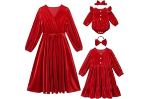 AWIBMK Mommy and Me Christmas Dresses Long Sleeve Velvet Dress Fall Winter Xmas Holiday Mom Daughter Matching Outfits